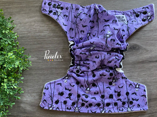 Halloween Nightmare Town Skeleton King Purple, Pumpkin Inspired One Size Pocket Cloth Diaper, Everyday Use, Photoshoot- READY TO SHIP