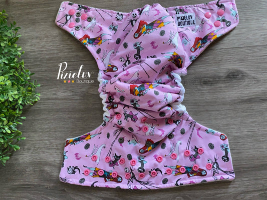 Halloween Pink Nightmare Town Skeleton, King, Pumpkin Inspired One Size Pocket Cloth Diaper, Everyday Use, Photoshoot- READY TO SHIP