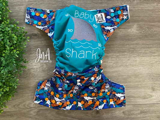Baby Shark, Sharks Inspired One Size Cloth Diaper Pocket, Reusable Diapers, Birthday Photoshoot, Everyday Use - READY TO SHIP