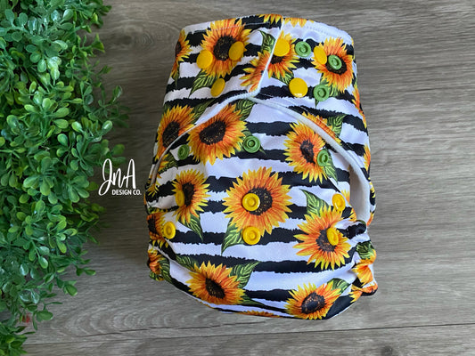 Black and White Striped Sunflowers One Size Cloth Diaper, Reusable Diapers, Birthday Photoshoot, Everyday Use- READY TO SHIP