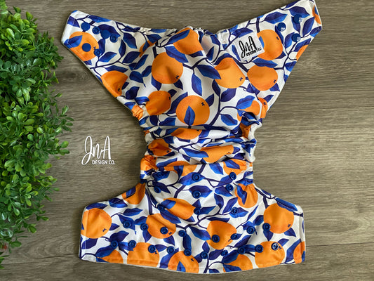 Summer Oranges and Blue Leaves One Size Cloth Diaper, Reusable Diapers, Birthday Photoshoot, Everyday Use- READY TO SHIP
