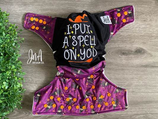 I put A Spell On You Witches Inspired Halloween One Size Cloth Diaper Pocket, Reusable Diapers, Birthday Photoshoot, Everyday Use - READY TO SHIP