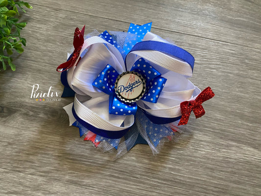 Baseball Red, White and Blue Dodgers Inspired Stacked Hair Bow, Hair Accessories, Fluffy Bow- READY TO SHIP