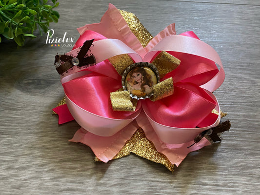 Storybook Beauty Princess Pink and Gold Inspired Stacked Hair Bow, Hair Accessories, Fluffy Bow- READY TO SHIP