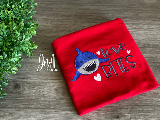 Love Bites Shark Valentine Embroidered Applique T-shirt, Baby One-Piece Suit, Infant Babysuit, Infant Bodysuit- MADE TO ORDER