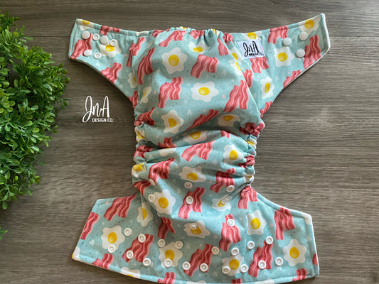 Breakfast Bacon and Eggs Lover One Size Cloth Diaper, Reusable Diapers, Birthday Photoshoot, Everyday Use- READY TO SHIP