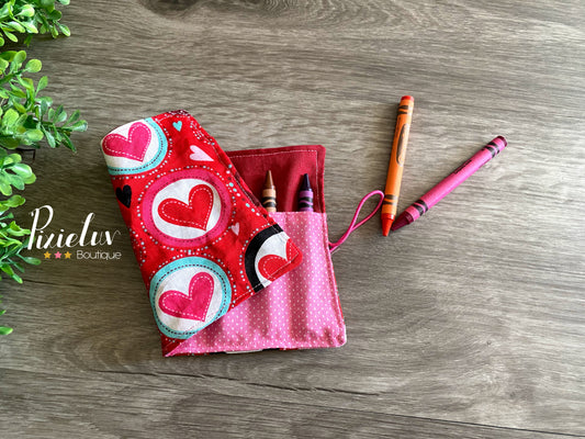 In Love Bubble Hearts Inspired Crayon Roll, Holds 8 Crayons (Included), Back to School, Stuffer, Holiday gift, Treat Bag, Travel Fun- READY TO SHIP
